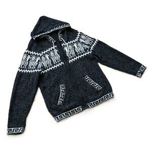 Alpaca Pattern Knit Cardigan Zip Up Hooded Sweater Black & Grey Heather Medium